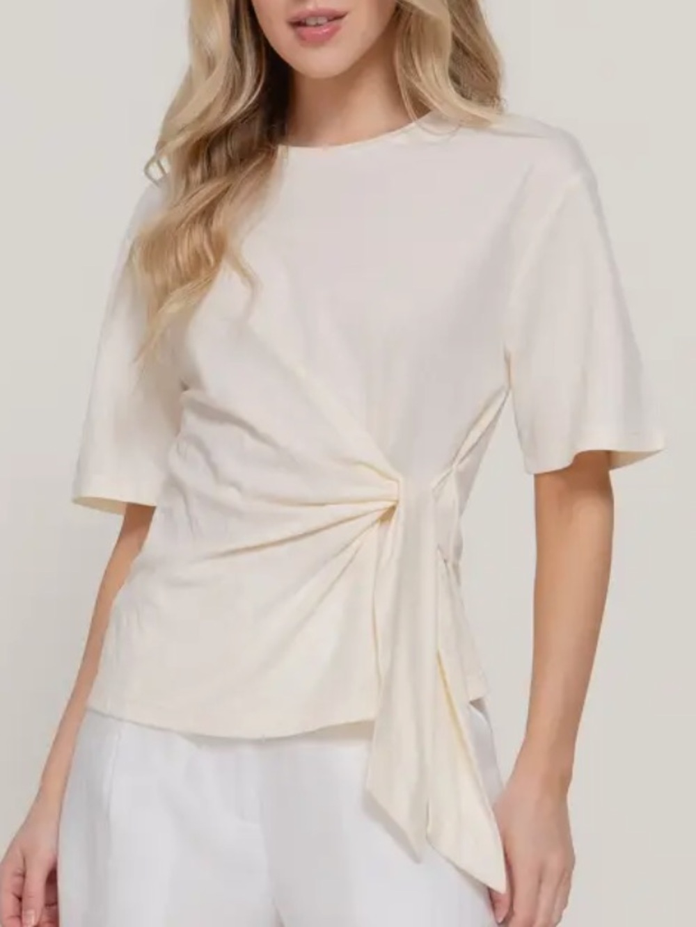 ShopEvelynne Cream Short Sleeve Tie-Detail Tee